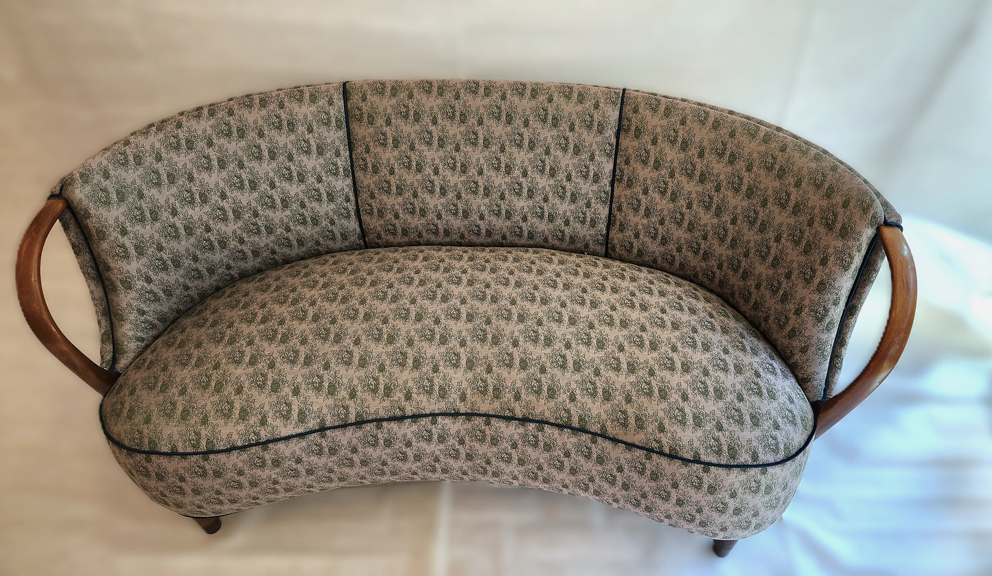 Danish MCM Banana Sofa with Curved Beech Arms