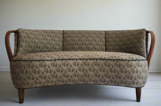 Danish MCM Banana Sofa with Curved Beech Arms