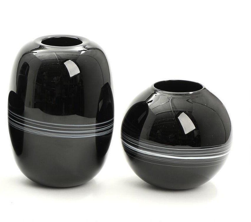 Michael Bang Set of Black Glass Vases with Milk Glass Detail