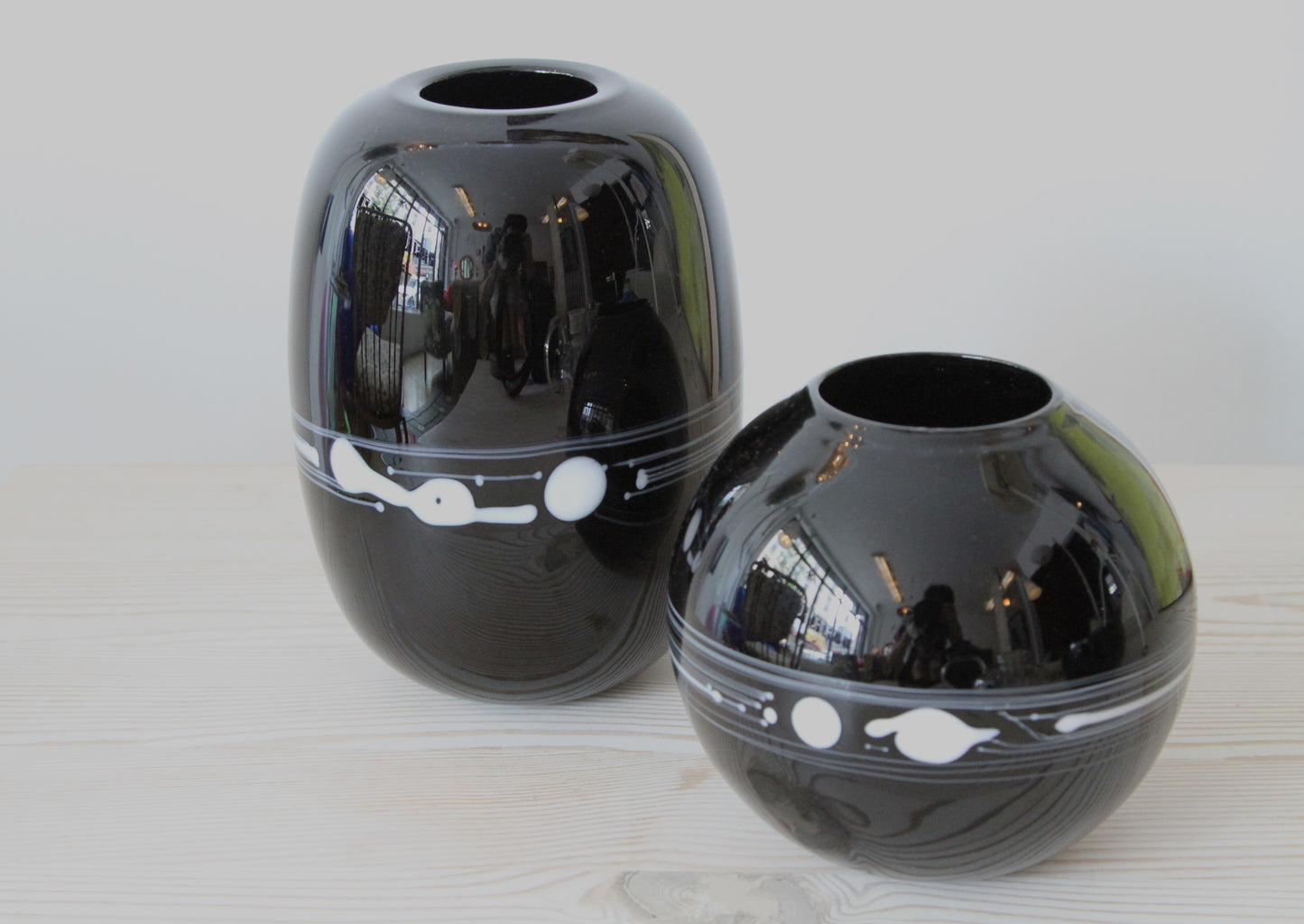 Michael Bang Set of Black Glass Vases with Milk Glass Detail