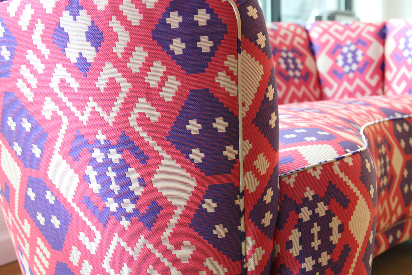Danish Curved Loveseat with Stunning Couture Fabric
