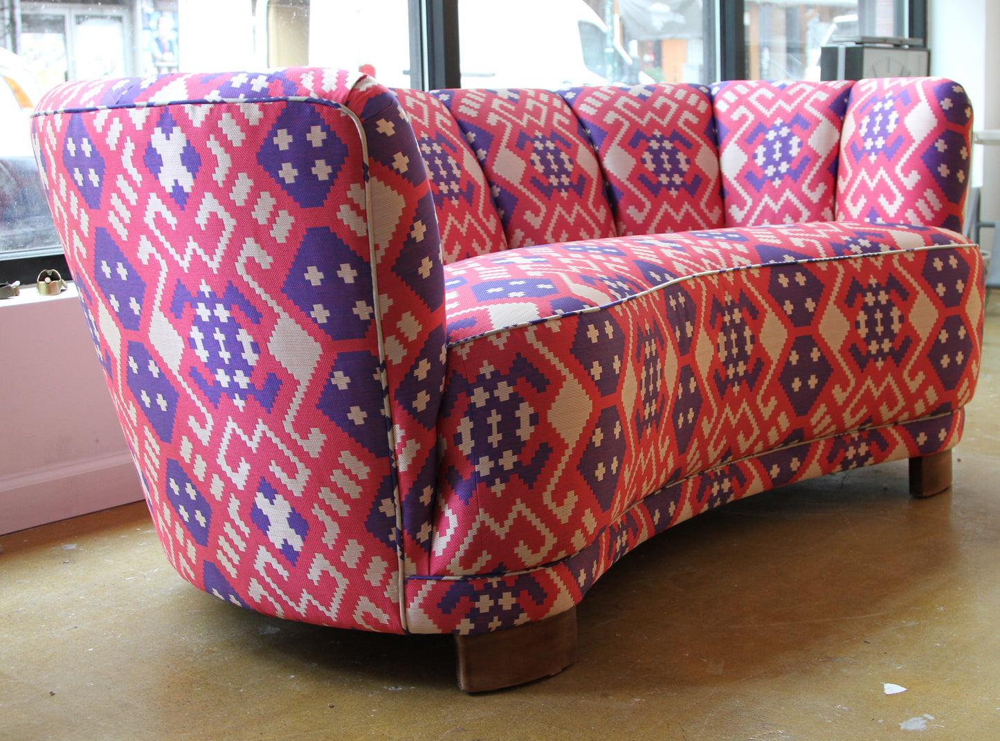 Danish Curved Loveseat with Stunning Couture Fabric