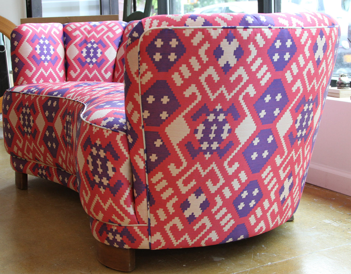 Danish Curved Loveseat with Stunning Couture Fabric