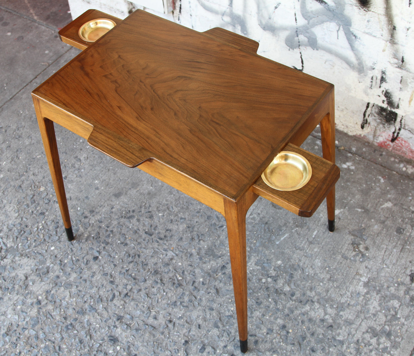 Rare Walnut Table with Brass Pull-Out Trays by William Watting