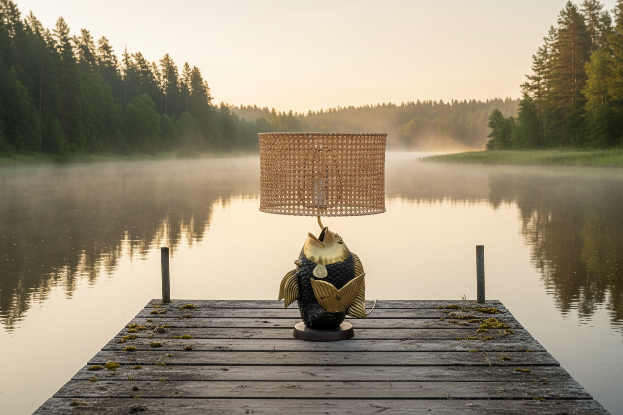 Lamp on a wooden dock by a lake with trees in the background
