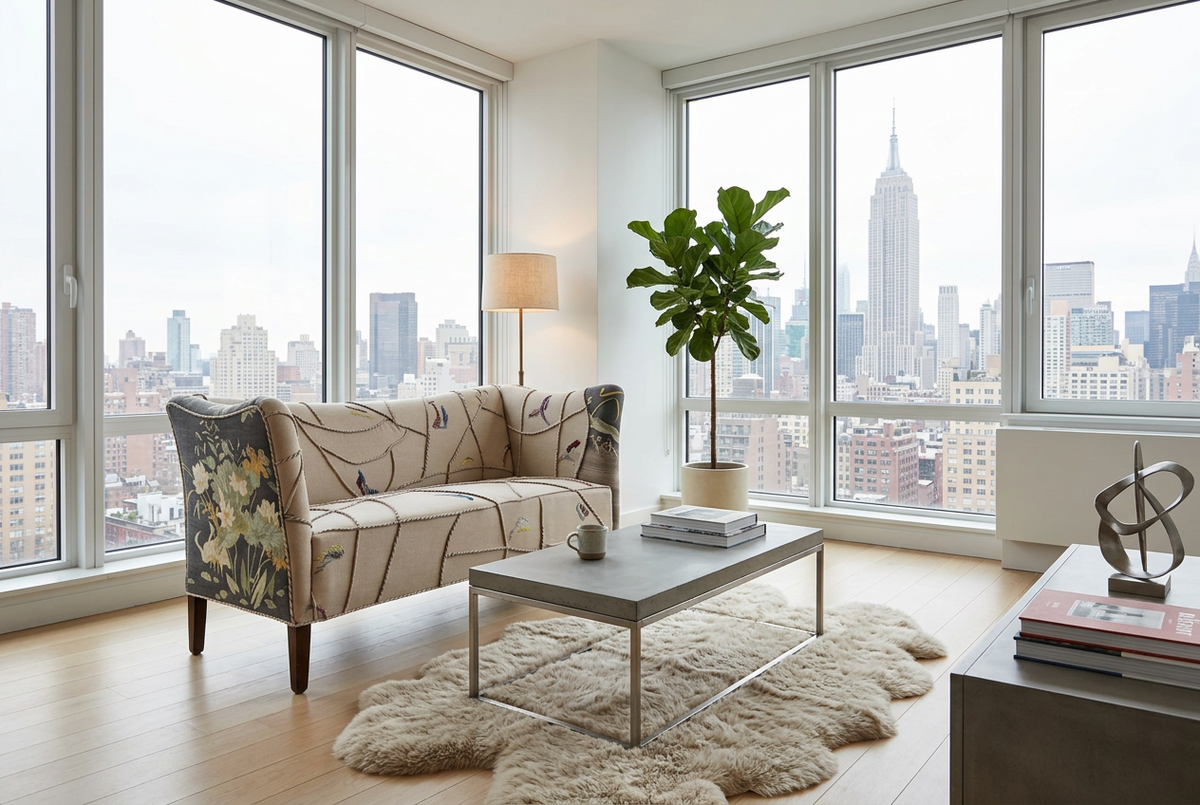 A Danish loveseat with beige upholstery featuring a floral and animal pattern, with a custom-designed, couture textile by Maki Yamamoto.