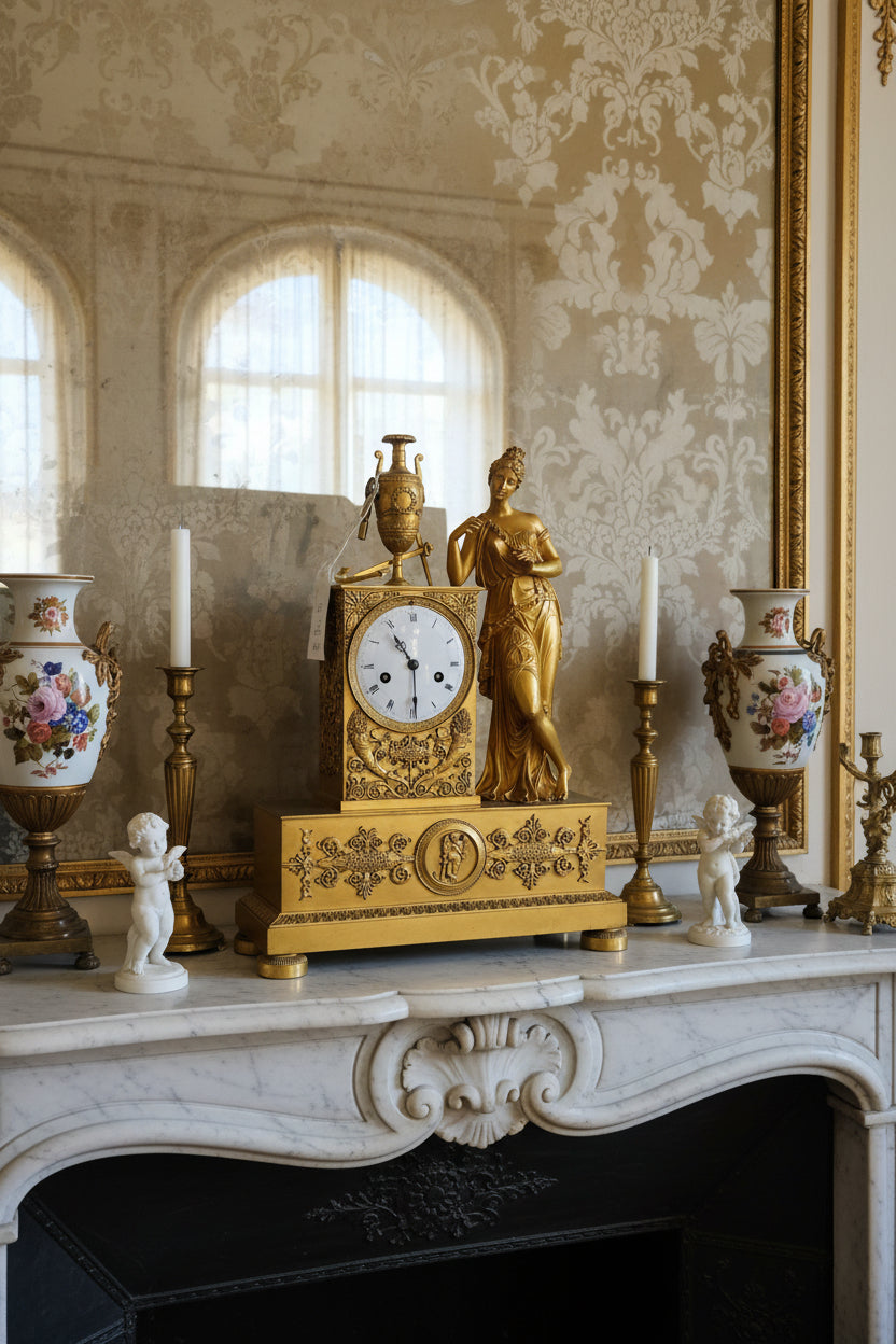 Decorative gold clock with intricate designs on a white surface.