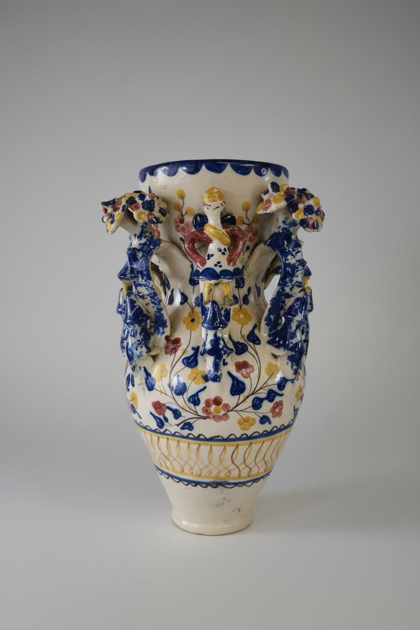 A decorative ceramic vase with a cream-colored glaze, featuring blue, yellow, and red floral patterns and sculpted double handles, photographed against a neutral gray background.