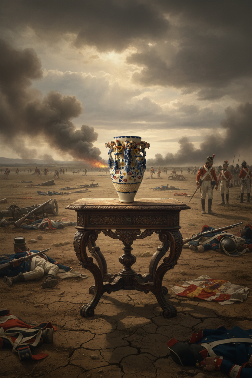 AI image of a large ornate Grotesque Jar that sits on a carved dark wooden table in a cracked desert battlefield scene. Soldiers in historical uniforms and smoke-filled skies are visible in the background.