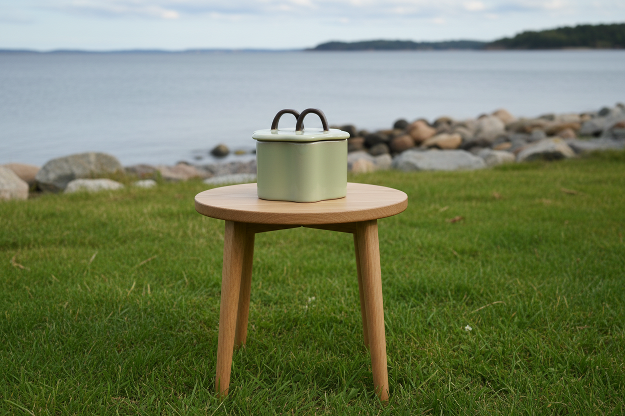 Green ceramic container with a lid on a beige surface