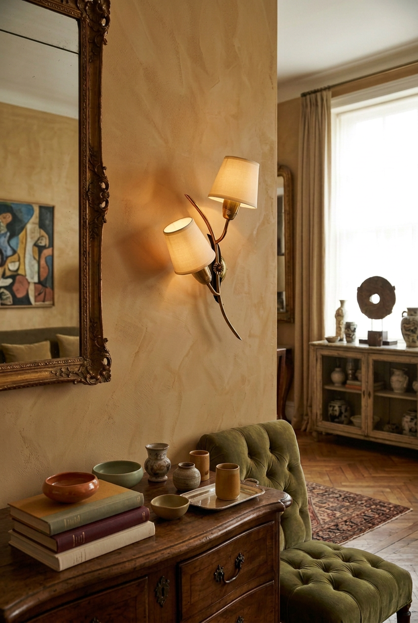 A warm, vintage-style interior scene featuring a two-light branch wall sconce with beige fabric shades mounted on a textured beige wall. Below, a dark wood console table holds stacked books and small ceramic vessels, next to a tufted olive green armchair.