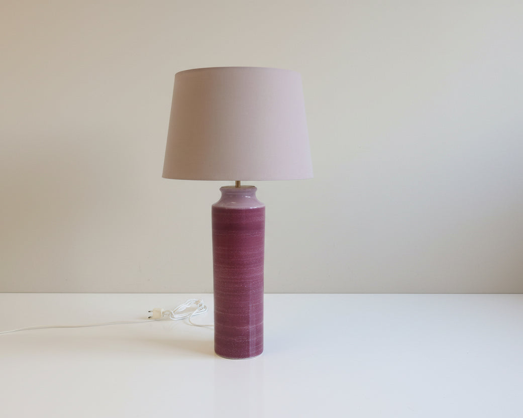 tall ceramic table lamp with pink iron glaze and grey silk shade