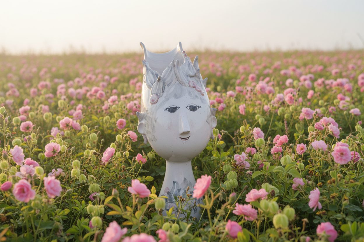Bjorn Wiinblad vase sitting in a field of pink wildflowers