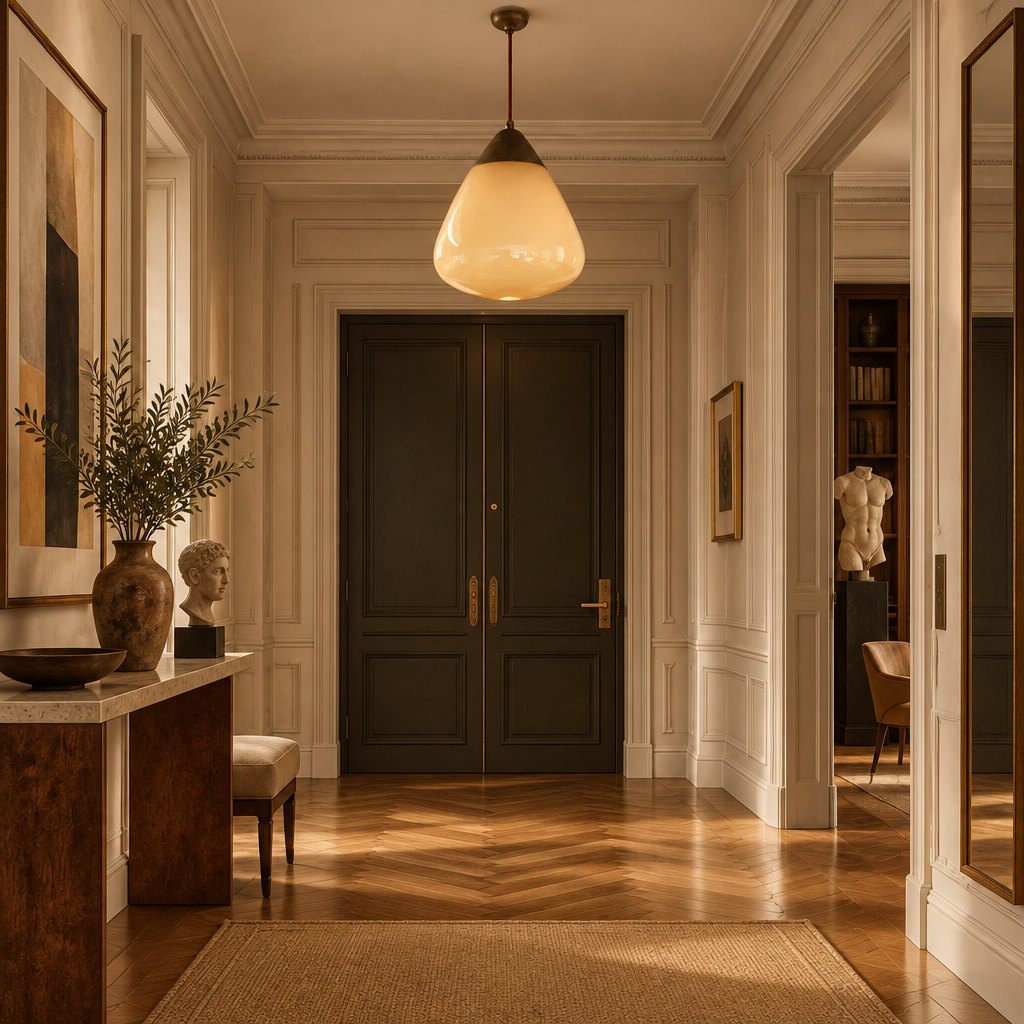 AI image of illuminated Orno drop pendant light with a warm beige glass shade in a  color, hanging from a dark metal cap and a brown cord