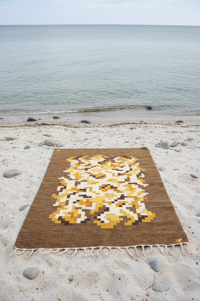 A rectangular woven rug with a dark brown background and a large central pixelated geometric pattern on a Swedish beach (made by AI)