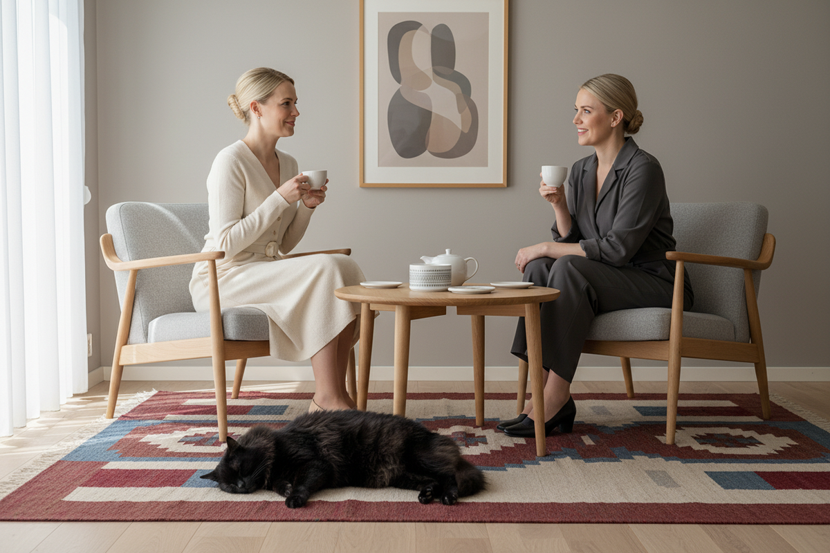 Two women in a modern Scandi living room, seated in light gray armchairs facing each other across a small wooden coffee table. One woman wears a cream dress and holds a white mug, while the other wears a dark gray blazer and trousers and holds a white cup. A dish by Raija Uosikkinen is in the foreground and a fat black cat sleeps on the rug.