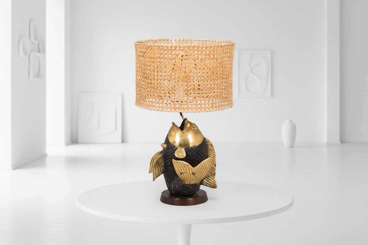 Decorative table lamp with a fish-shaped base and wicker shade on a light gray background
