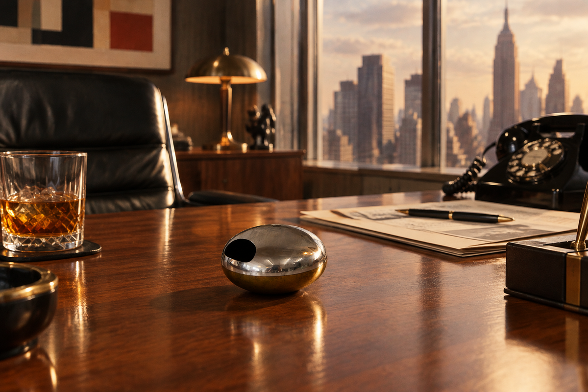AI image of polished metallic oval ashtray sits on a dark wooden desk in a luxury MCM office setting with a city skyline view, a leather chair, and a glass of whiskey.