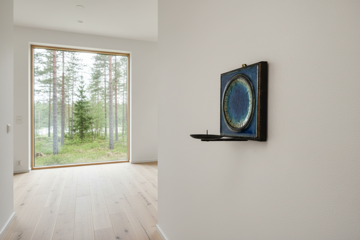 Decorative wall piece with blue and green ceramic disc on a white wall
