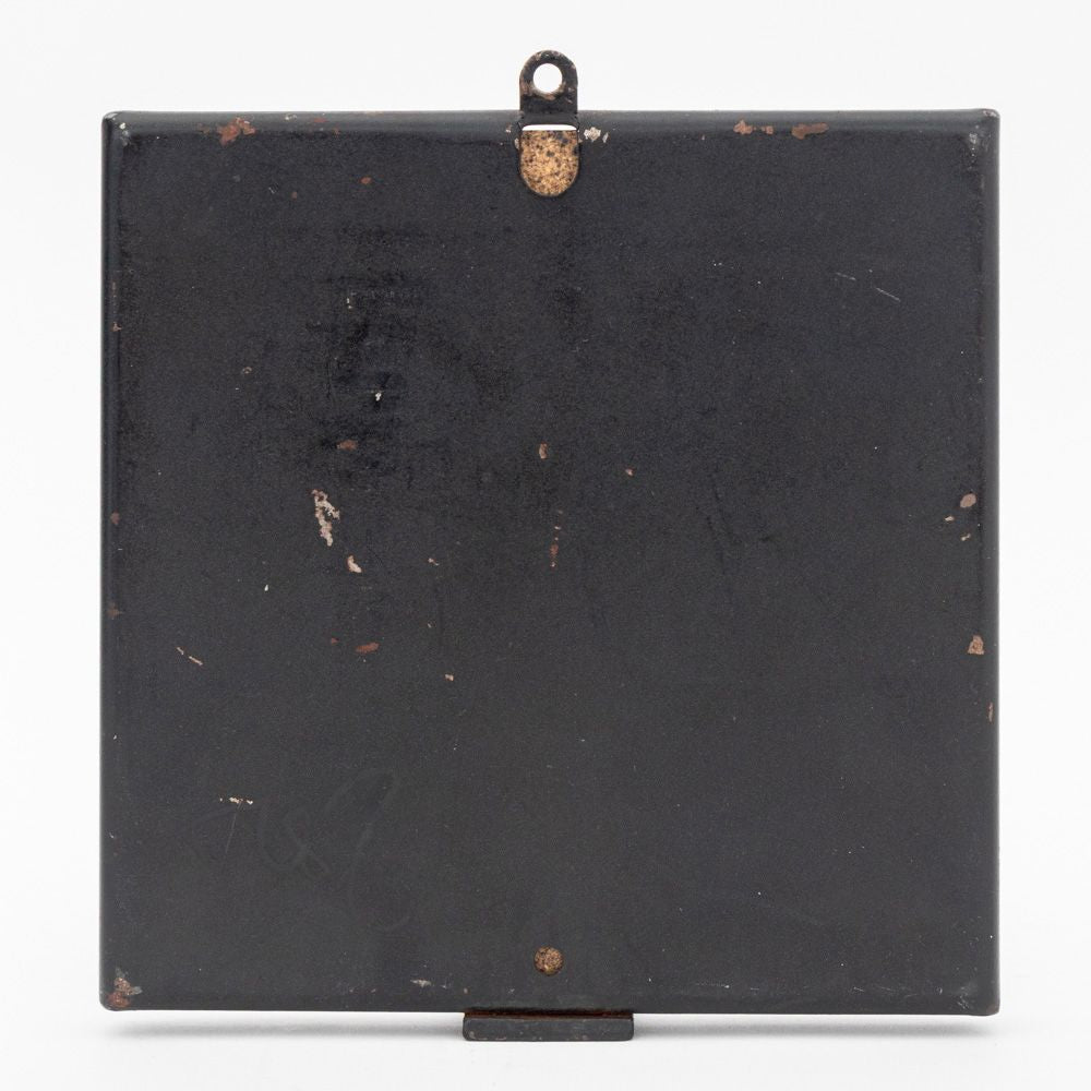Black metal frame with a hook on a white background