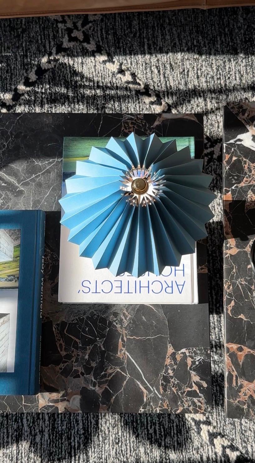 top view of pleated blue lampshade