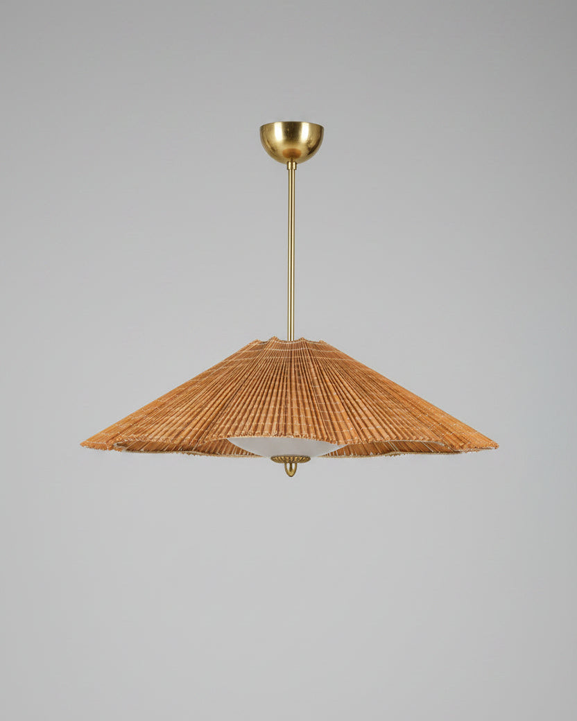vintage pendant with scalloped shade made of rattan, brass stem and polished opal glass dish