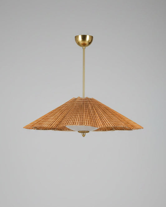 vintage pendant with scalloped shade made of rattan, brass stem and polished opal glass dish