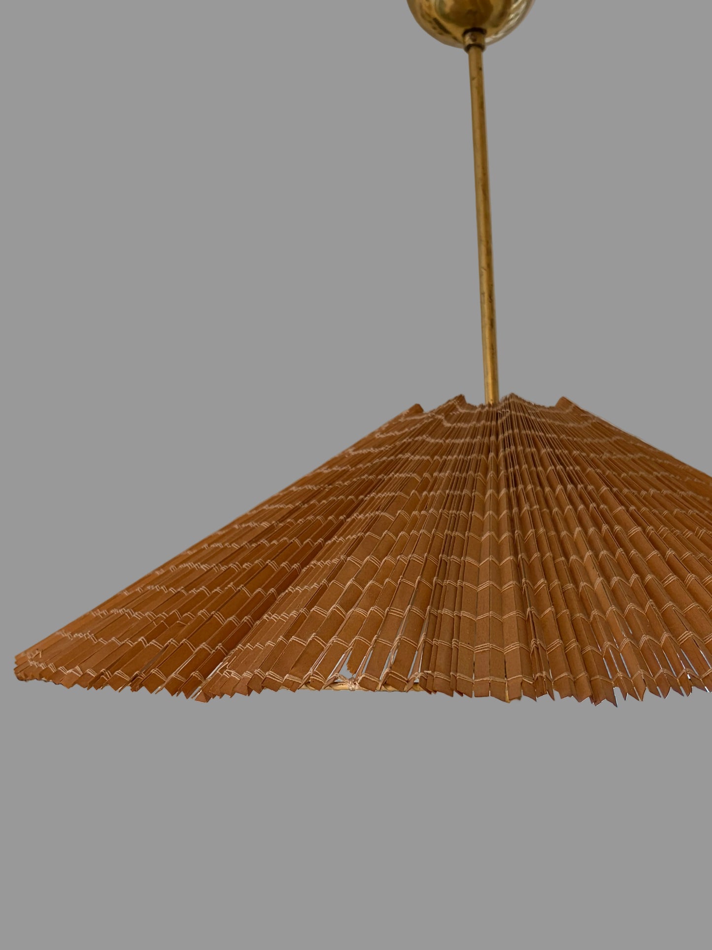 Light fixture with a brown fan-shaped shade and brass stem