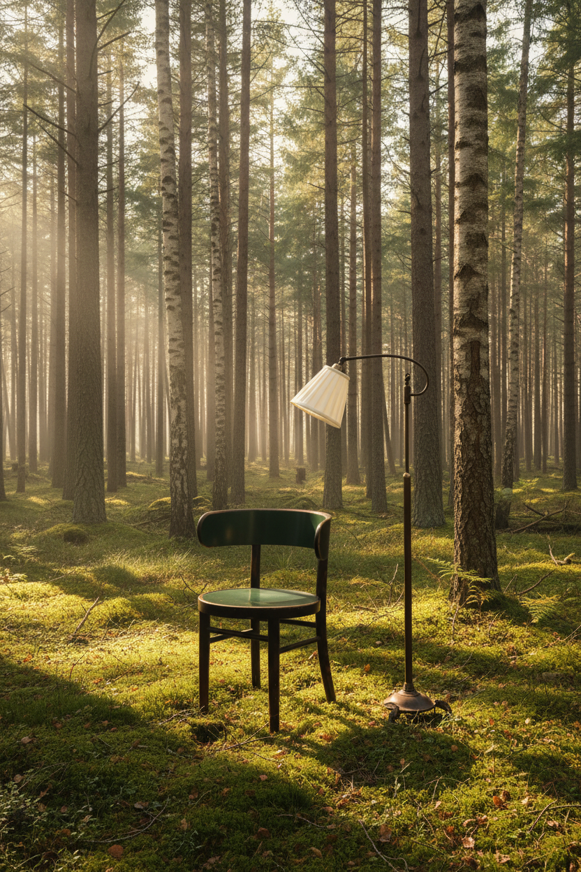 Green chair and vintage floor lamp against a white wall.