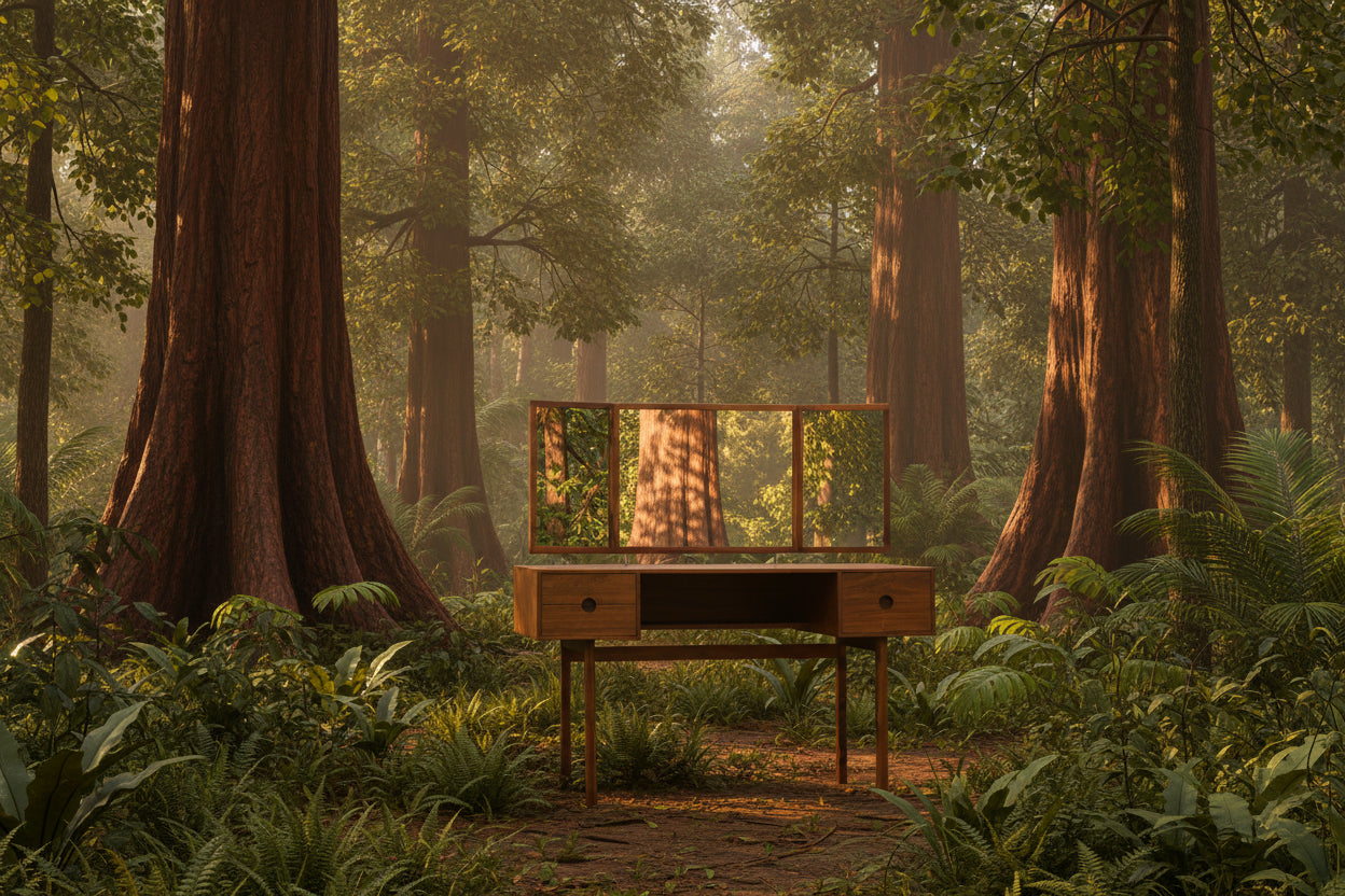Rosewood vintage vanity with 3 mirrors on a white background set in a rainforest via AI