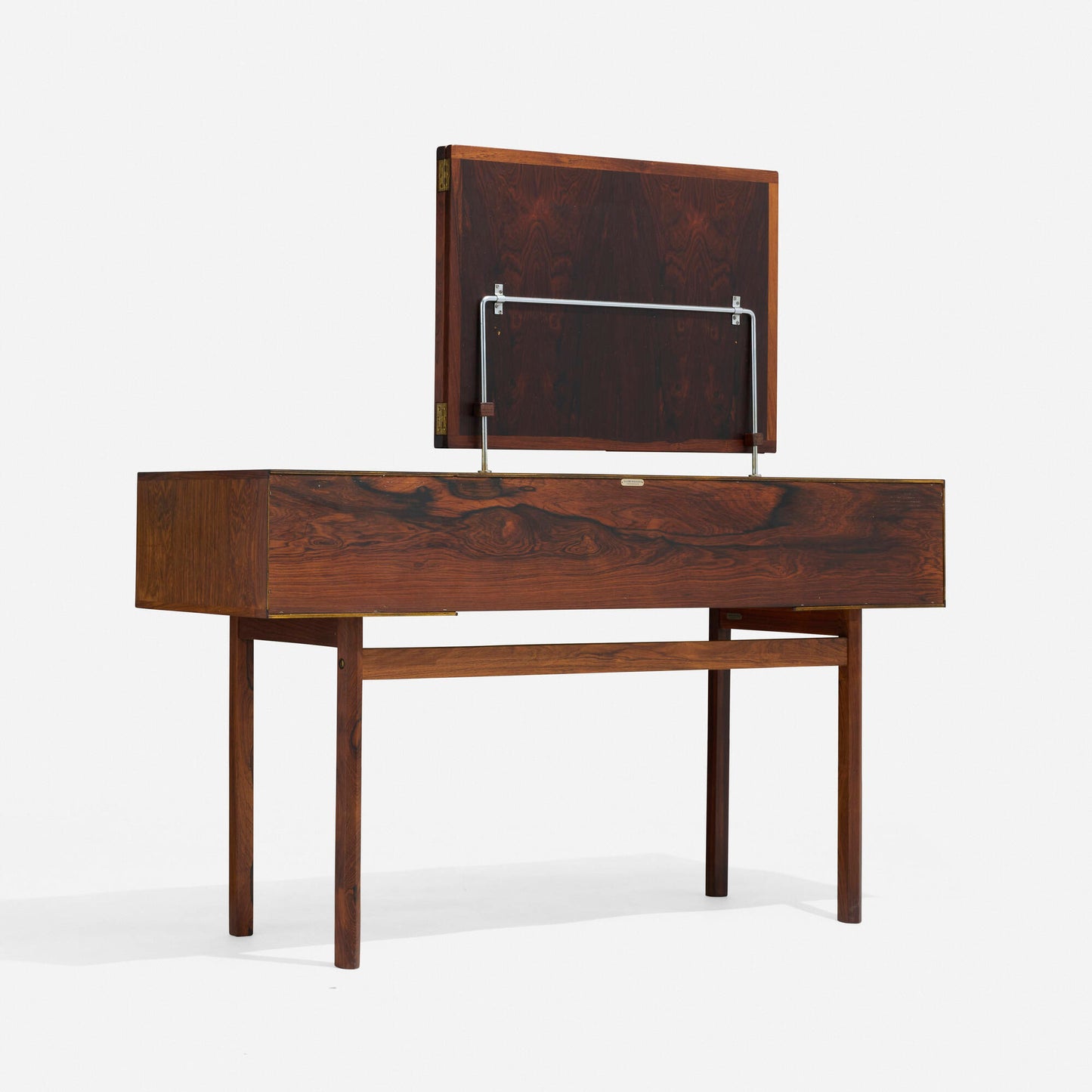 Wooden vanity with mirror on a white background