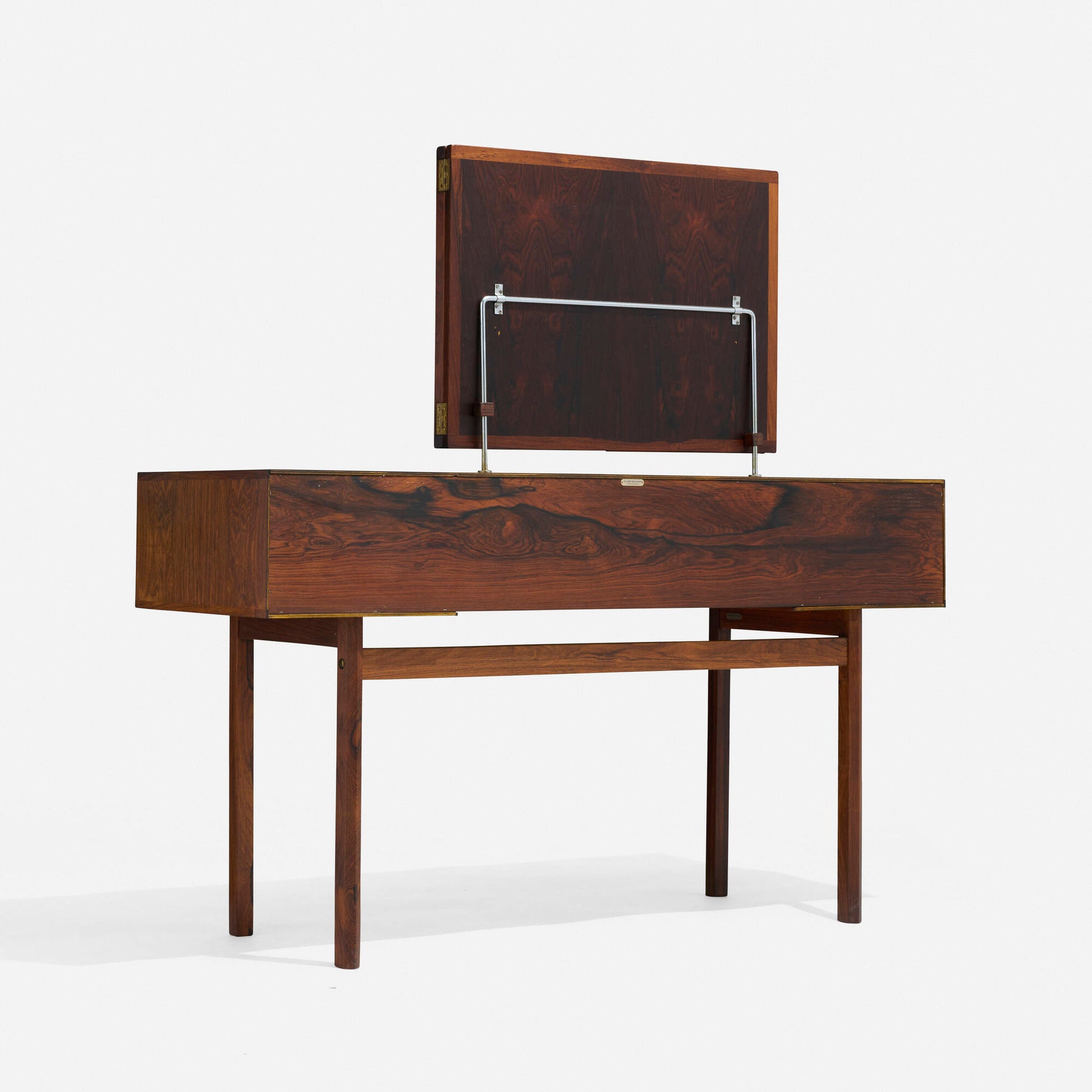 Wooden vanity with mirror on a white background