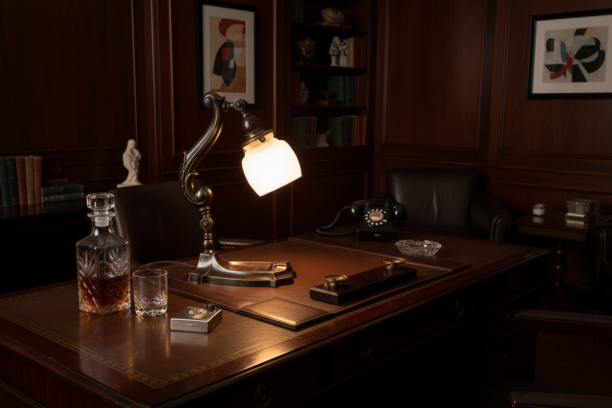 Dark wood desk with lamp, glass, and decanter in a dimly lit room.