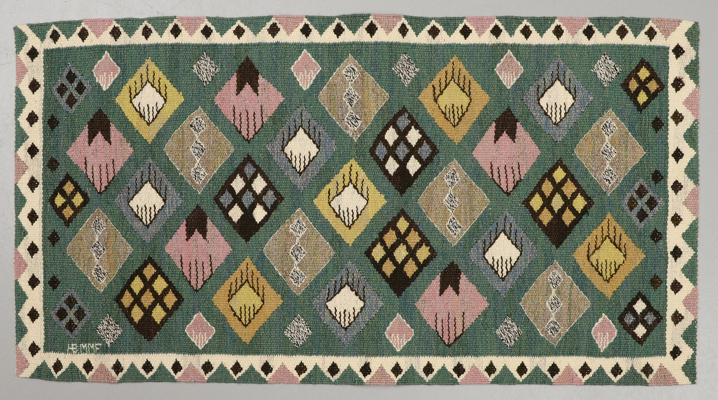 Decorative rug with geometric pattern on a green background