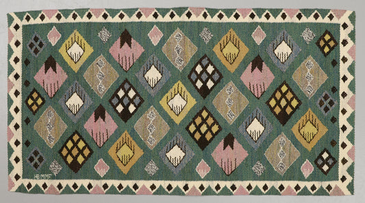 Decorative rug with geometric pattern on a green background