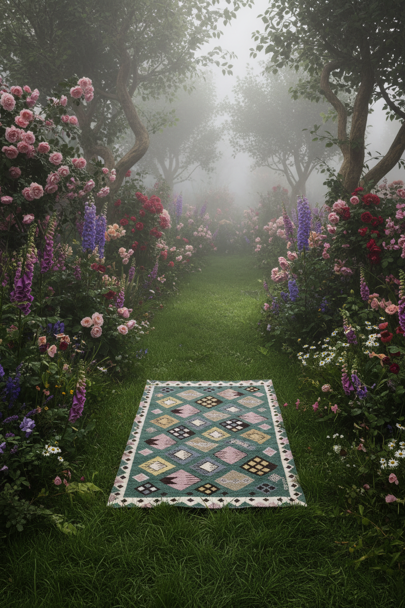 Decorative rug on a garden path surrounded by flowers and trees