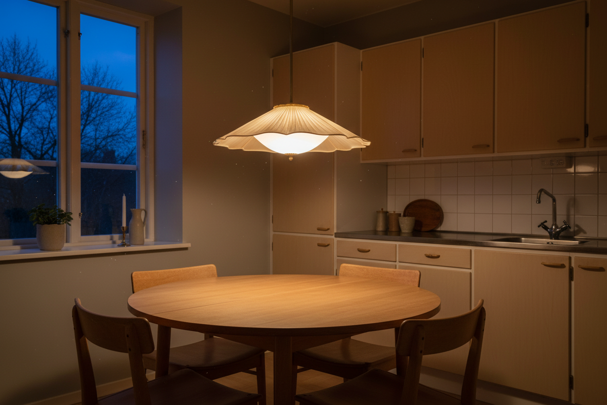 Dimly lit dining area with a beautiful pendant over a small kitchen table