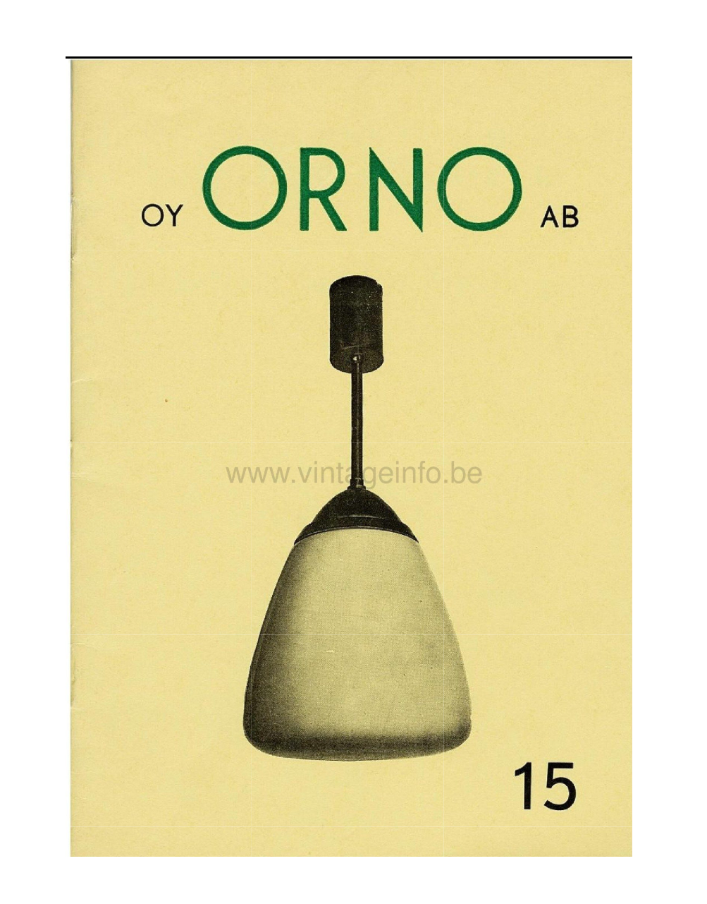 Catalog cover of ORNO AB showing a suspension lamp called "the drop." Page has a pale yellow background with a black and gray lamp illustration and the number 15. From 1939.