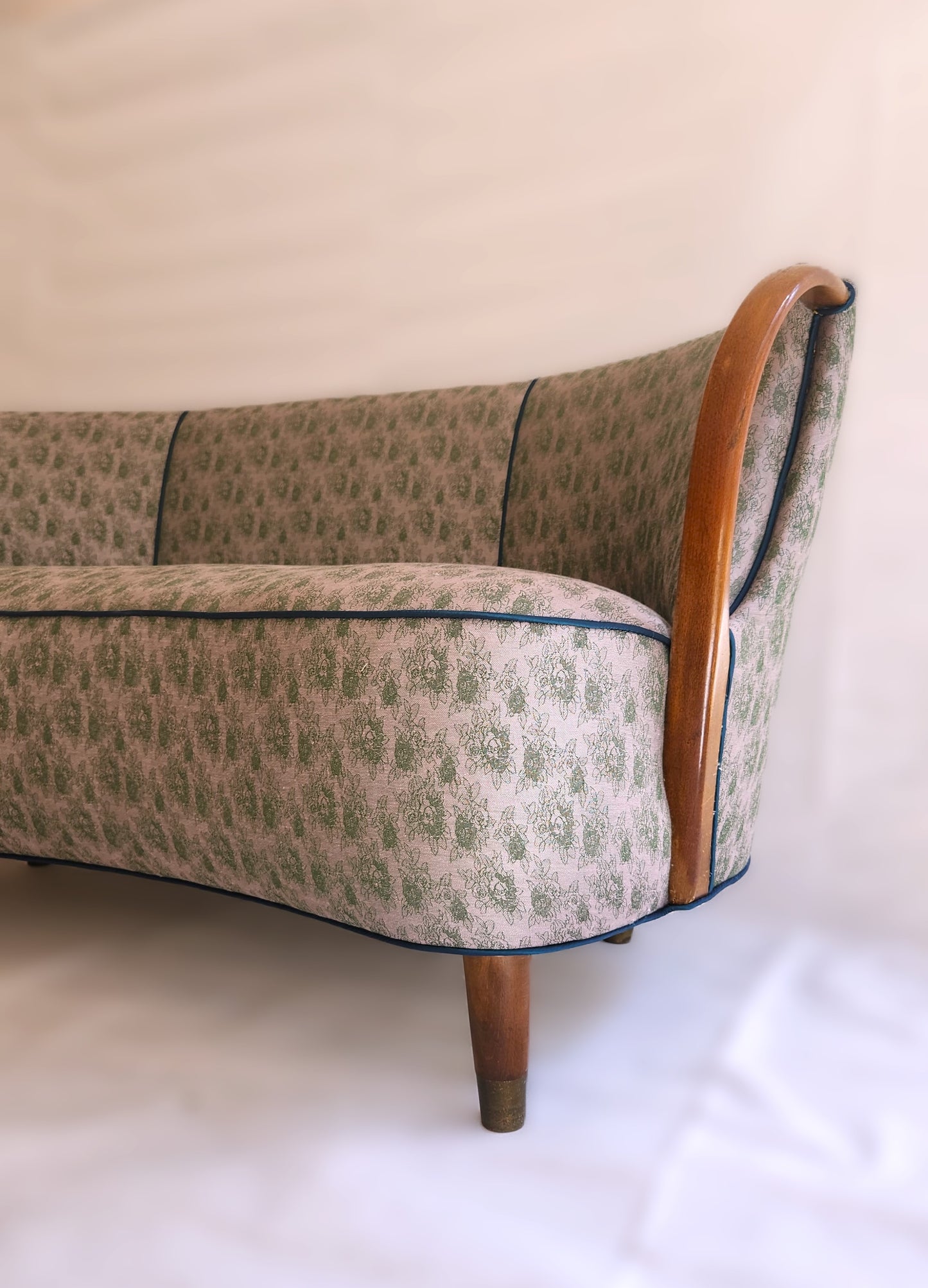 Danish MCM Banana Sofa with Curved Beech Arms