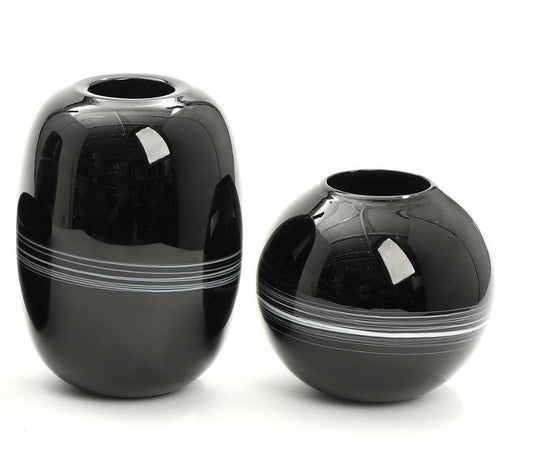 Michael Bang Set of Black Glass Vases with Milk Glass Detail