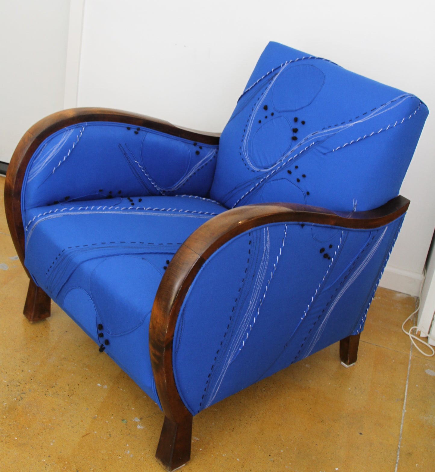 Danish Club Chair 1930s, electric blue Maki Yamamoto Couture Fabric