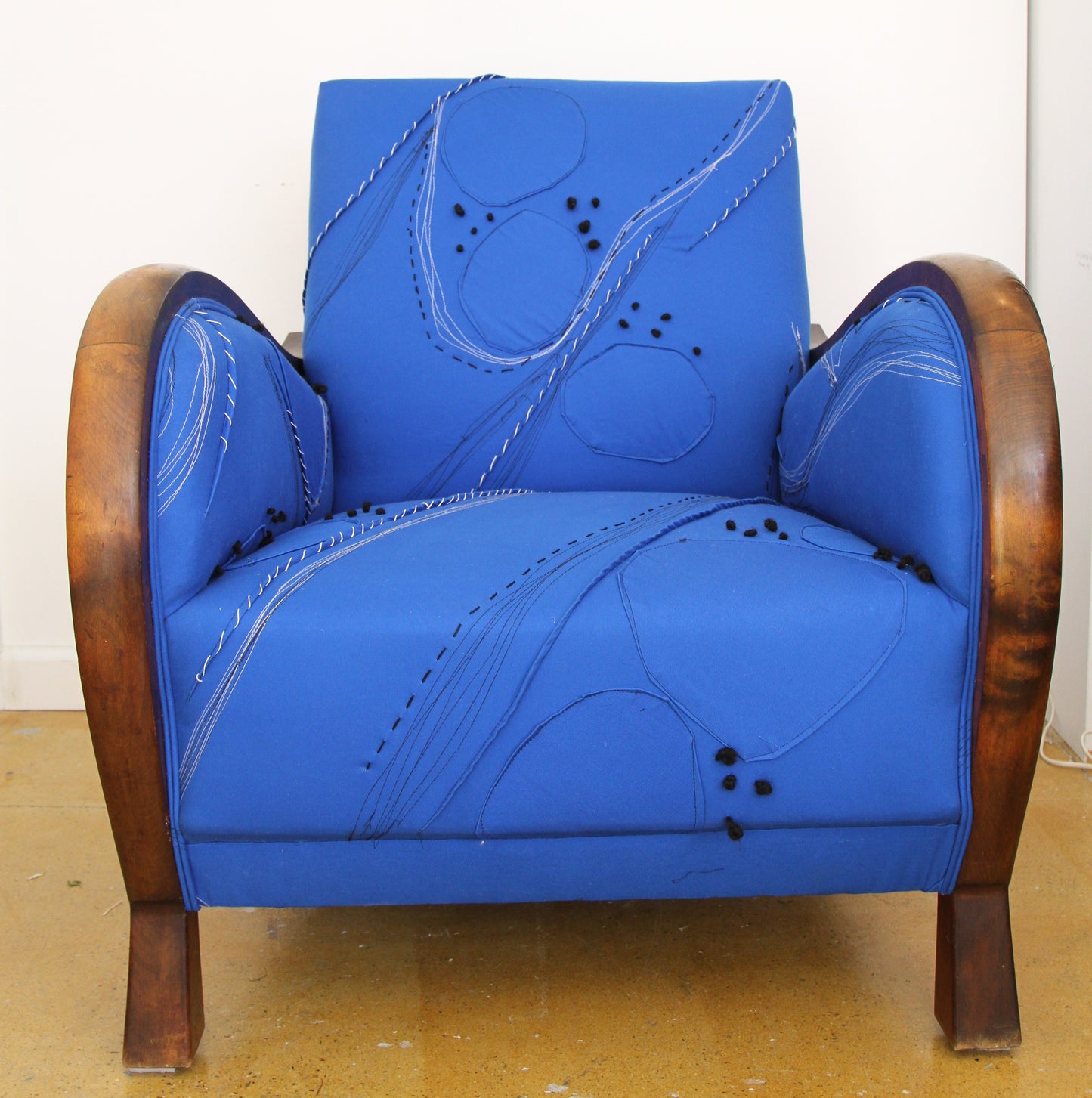 Danish Club Chair 1930s, electric blue Maki Yamamoto Couture Fabric