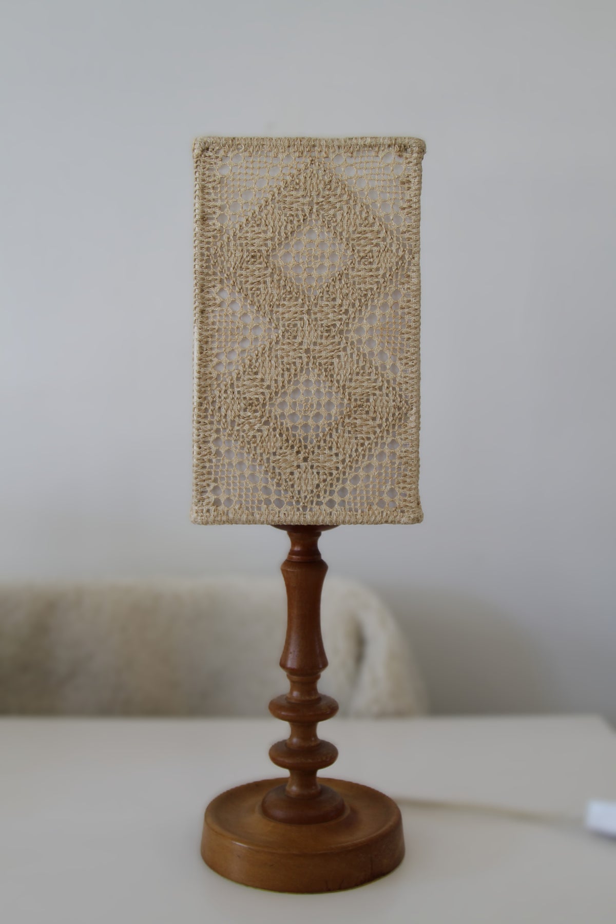 Wooden Lamp with Embroidered Näversöm Shade, Sweden 1960-1970