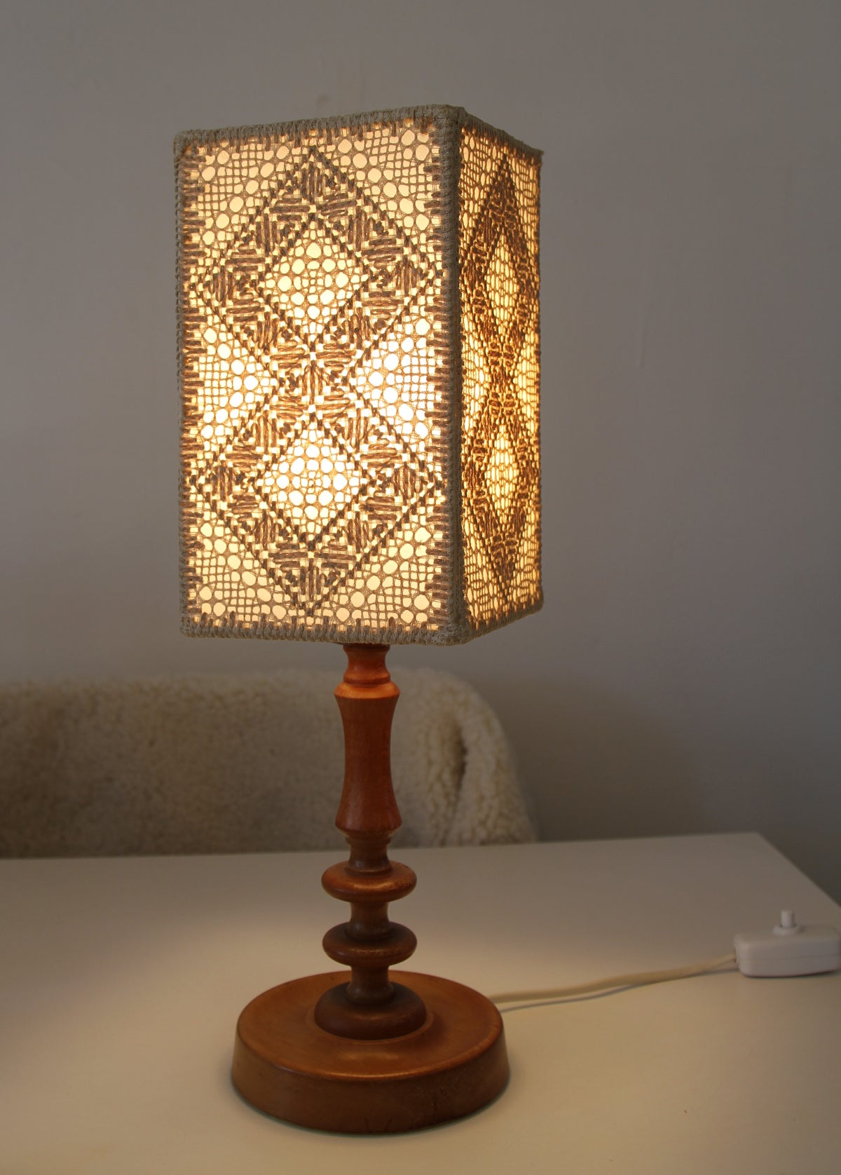 Wooden Lamp with Embroidered Näversöm Shade, Sweden 1960-1970