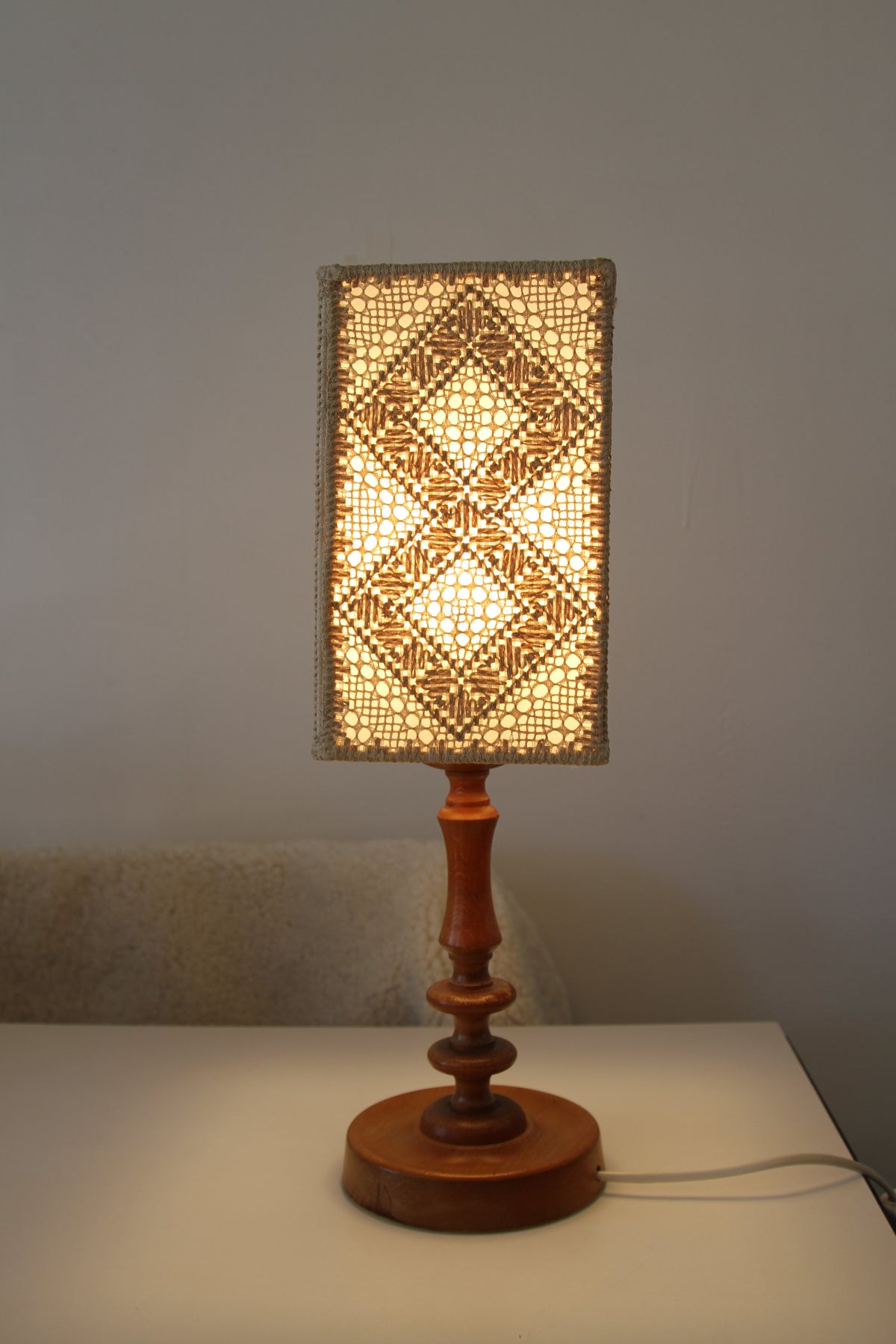 Wooden Lamp with Embroidered Näversöm Shade, Sweden 1960-1970
