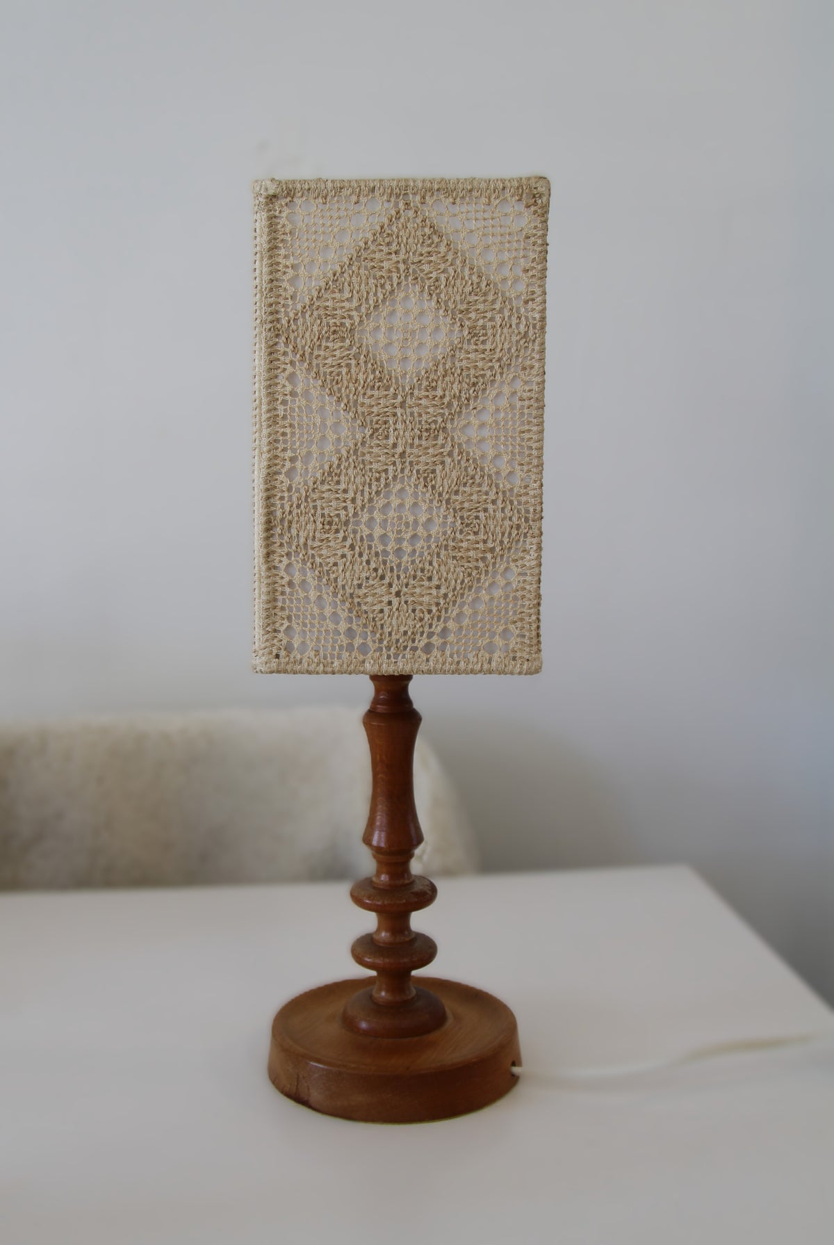 Wooden Lamp with Embroidered Näversöm Shade, Sweden 1960-1970
