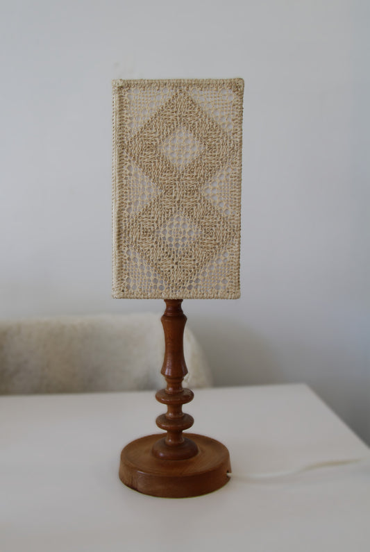 Wooden Lamp with Embroidered Näversöm Shade, Sweden 1960-1970