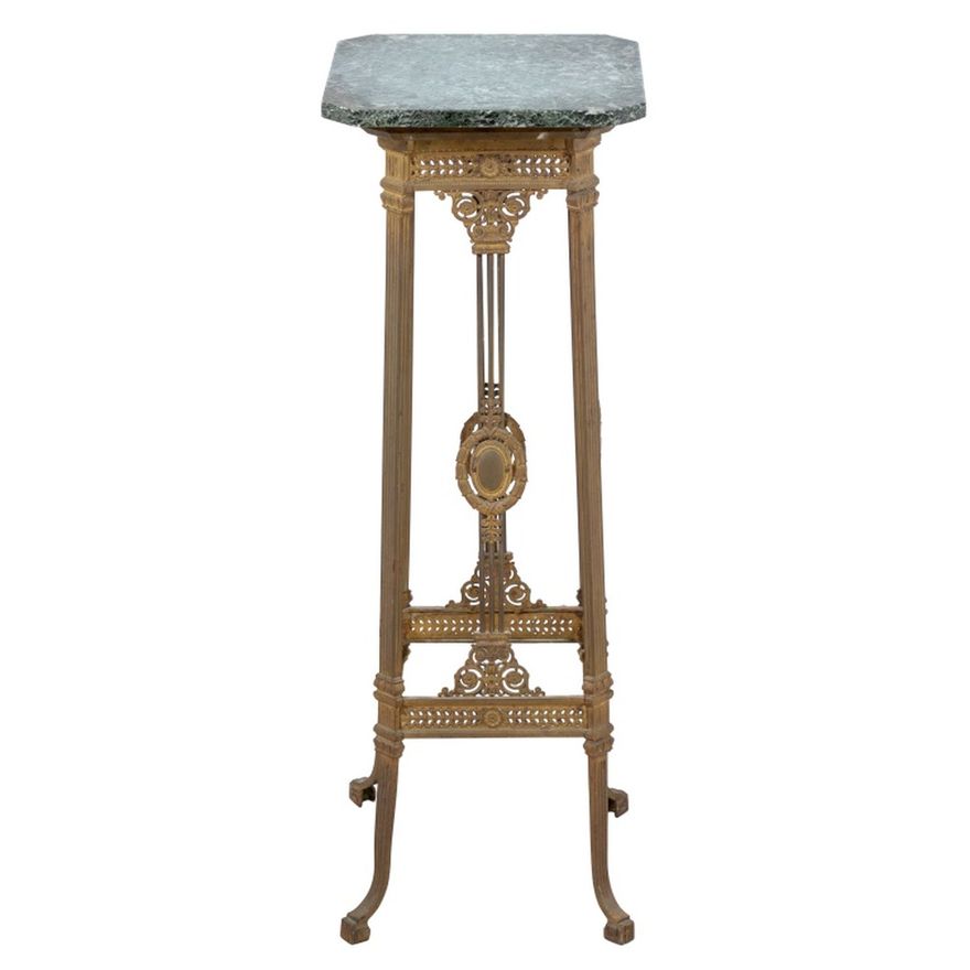 Empire plant stand table with brass base and intricate medallions