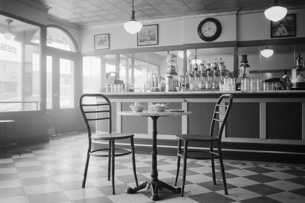 ai black and white image of vintage chairs in an olde tyme ice cream shoppe