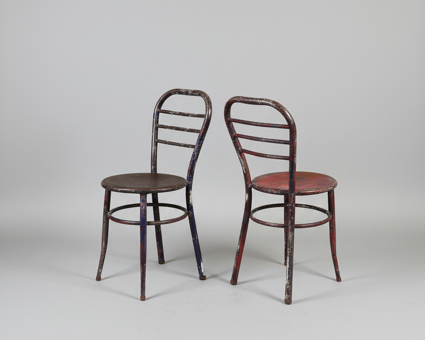 Two vintage metal chairs with chippy paint finish